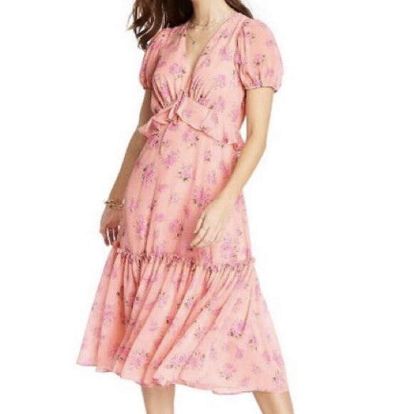 LoveShackFancy Pink Ruffled Tiered Midi Dress